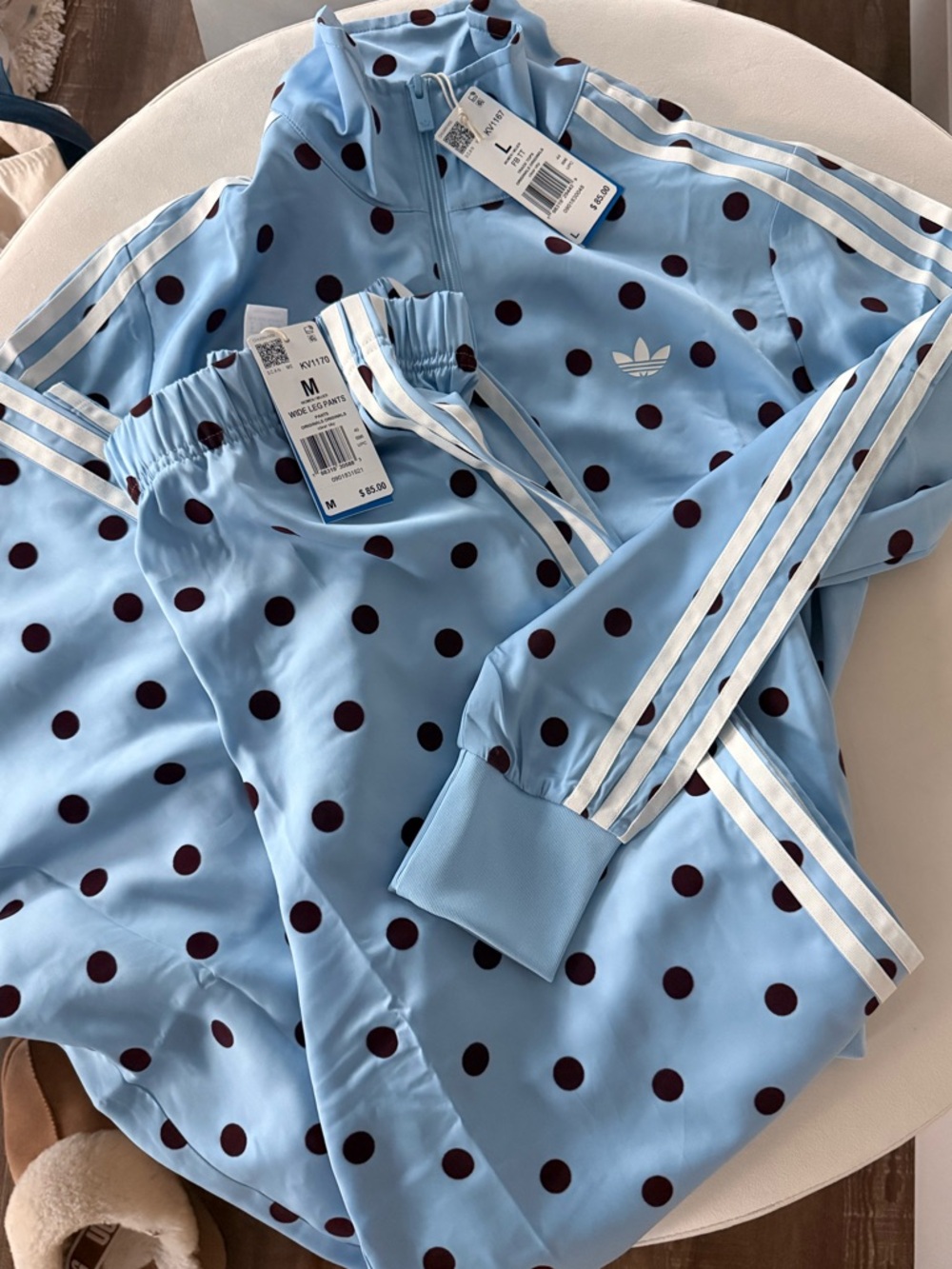 Adidas Satin Light Blue Polka Dot Track Jacket & Wide Pants